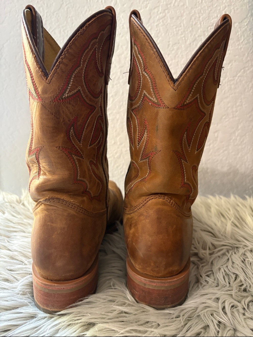 Double H Tan & Brown Leather Cowboy Boots with Red Stitching - Picture 3 of 8